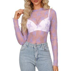 🆕Women Light Purple Polyamide Mesh Sheer Long Sleeve Mock Neck Lace Top Blouse